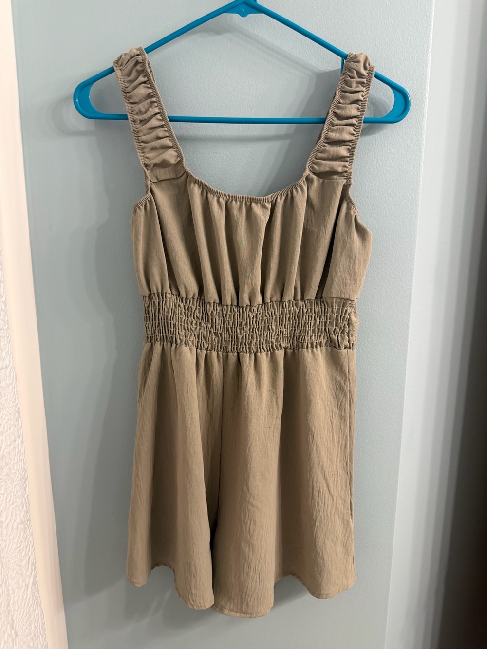Smocked Waist Khaki Romper Dress - Neutral Khaki